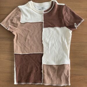 Hollister collection baby tee patchwork brown and cream colored